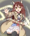  1girl :o amane_rosylily animal_ear_fluff animal_ears bangs black_legwear blush bow breasts brown_coat brown_eyes brown_hair choker cleavage clenched_hand coat collarbone dress eyebrows_visible_through_hair fang fox_ears hair_between_eyes highres long_hair long_sleeves magic open_clothes open_coat open_mouth original red_bow sekira_ame small_breasts smile solo standing standing_on_one_leg thigh-highs very_long_hair white_dress 