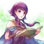  1girl book cape fire_emblem fire_emblem:_seima_no_kouseki holding holding_book jewelry long_hair low_twintails lute_(fire_emblem) necklace nintendo open_book parted_lips purple_hair sleeveless solo twintails upper_body violet_eyes yukimiyuki 