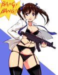  1girl bangs black_bra black_garter_belt black_legwear black_panties blue_neckwear blue_ribbon bow bow_bra bow_panties bra breasts brown_hair cleavage collarbone commentary_request eyebrows_visible_through_hair garter_belt gun hair_ribbon holding holding_gun holding_weapon lace-trimmed_garter_belt lingerie looking_at_viewer medium_breasts navel necktie open_clothes open_shirt original panties panties_over_garter_belt ribbon shirt standing thigh-highs thighs twintails underwear violet_eyes weapon white_shirt yuya 