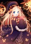  1girl :d abigail_williams_(fate/grand_order) bangs black_bow black_dress black_hat blonde_hair blue_eyes blush bow bug butterfly commentary_request dress eyebrows_visible_through_hair fate/grand_order fate_(series) forehead hair_bow hat highres insect lokyin_house long_hair long_sleeves looking_at_viewer object_hug open_mouth orange_bow parted_bangs polka_dot polka_dot_bow roman_numerals round_teeth sky sleeves_past_fingers sleeves_past_wrists smile solo star_(sky) starry_sky stuffed_animal stuffed_toy teddy_bear teeth upper_teeth very_long_hair 