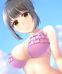  1girl bangs black_hair breasts clouds day eyebrows_visible_through_hair frilled_bikini_top idolmaster idolmaster_cinderella_girls large_breasts looking_at_viewer pataniito pink_bikini_top short_hair sky smile solo takafuji_kako upper_body yellow_eyes 