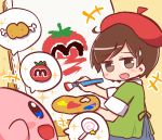 +++ 1girl :d adeleine bangs beret blue_eyes blue_skirt blush boned_meat brown_eyes brown_hair candy canvas_(object) creature easel eye_contact eyebrows_visible_through_hair food green_shirt hat holding holding_paintbrush invincible_candy kirby kirby_(series) lollipop looking_at_another looking_to_the_side maxim_tomato meat naga_u nintendo open_mouth paintbrush painting red_hat shirt short_sleeves skirt smile sweatdrop swirl_lollipop 