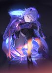  1girl ass black_gloves blue_eyes bodysuit boots choker cloak fu_hua_(honkai_impact) full_body gloves glowing hair_ornament hair_over_shoulder honkai_impact hood hooded_cloak hoodie kickylian leg_hug legs_crossed long_hair purple_hair sitting solo thigh-highs thigh_boots tsurime twitter_username watermark 