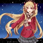  1girl :d bangs blonde_hair bow brown_scarf commentary_request dated ereshkigal_(fate/grand_order) eyebrows_visible_through_hair fate/grand_order fate_(series) fingernails fringe_trim grey_skirt hair_between_eyes hair_bow hebitsukai-san highres jacket long_hair long_sleeves looking_at_viewer open_mouth parted_bangs plaid plaid_scarf plaid_skirt pleated_skirt red_bow red_eyes red_jacket scarf sidelocks skirt smile solo tiara twitter_username two_side_up very_long_hair 