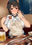  1girl ascot beer_mug black_hair blue_hat blue_jacket blue_skirt blush bowl breasts chopsticks collared_shirt eating food food_on_face hat highres jacket kantai_collection kusaka_souji large_breasts looking_at_viewer nose_blush partially_undressed plate red_eyes rice shirt short_hair sitting skirt sleeves_rolled_up smile solo takao_(kantai_collection) upper_body white_shirt 