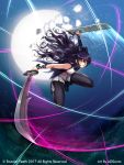  1girl adsouto black_bow black_footwear black_hair black_legwear blake_belladonna blurry blurry_background blush bow broken_moon cleaver closed_mouth coattails falling forest hair_bow highres katana legwear_under_shorts long_hair midriff moon motion_lines nature night pantyhose rwby shirt shorts sleeveless sleeveless_shirt solo sword weapon yellow_eyes 