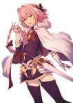  1boy :d absurdres astolfo_(fate) black_bow black_legwear blurry bow braid cape chromatic_aberration depth_of_field fang fate/apocrypha fate/grand_order fate_(series) garter_straps hair_bow hair_ribbon hand_in_hair highres ibuki_notsu long_hair looking_at_viewer male_focus open_mouth otoko_no_ko pink_hair ribbon simple_background single_braid smile solo sparkle standing standing_on_one_leg sword thigh-highs violet_eyes weapon white_background 