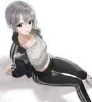  1girl arm_support black_eyes blush collarbone commentary eyebrows_visible_through_hair grey_hair idolmaster idolmaster_cinderella_girls jacket looking_at_viewer mossi navel open_mouth open_track_jacket otokura_yuuki pants shadow shoes short_hair simple_background sitting smile sneakers solo sweat tank_top track_jacket track_pants white_background 