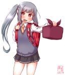  1girl artist_logo backpack bag black_skirt blush box brown_eyes collared_shirt commentary_request crime_prevention_buzzer dated grey_hair grey_vest highres kanon_(kurogane_knights) kantai_collection kasumi_(kantai_collection) long_hair long_sleeves looking_at_viewer necktie obentou open_mouth orange_neckwear randoseru school_uniform shirt side_ponytail signature simple_background skirt solo vest white_background white_shirt 