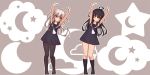  2girls adapted_costume armpits arms_up black_dress black_hair black_legwear black_serafuku brown_eyes clouds commentary_request crescent crescent_moon crescent_moon_pin dress full_body grey_background highres kantai_collection kikuzuki_(kantai_collection) kneehighs long_hair mikazuki_(kantai_collection) moon multiple_girls neckerchief pantyhose rose_neru sailor_dress school_uniform serafuku sleeveless standing star white_hair white_legwear white_neckwear 