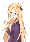  1girl abigail_williams_(fate/grand_order) absurdres banana bangs black_bow blonde_hair blue_eyes blush bow commentary_request eyebrows_visible_through_hair fate/grand_order fate_(series) flying_sweatdrops food forehead fruit hair_bow highres holding holding_food long_hair long_sleeves looking_at_viewer mitchi nose_blush open_mouth orange_bow parted_bangs purple_shirt shirt simple_background solo sweat tongue tongue_out upper_body very_long_hair white_background 