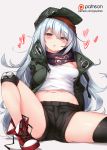  1girl :o asymmetrical_legwear black_legwear black_shorts blush boots breasts brown_background brown_eyes commentary donedone flat_cap g11_(girls_frontline) girls_frontline green_hat green_jacket half-closed_eyes hat head_tilt heart jacket long_hair medium_breasts midriff navel open_clothes open_jacket parted_lips red_footwear short_shorts shorts silver_hair simple_background single_thighhigh solo thigh-highs very_long_hair watermark web_address 