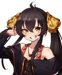  1girl animal_print bare_shoulders black_hair blush collarbone eyebrows_visible_through_hair grin hair_between_eyes hair_ribbon hand_up heart heart_necklace idolmaster idolmaster_cinderella_girls jacket jewelry kakaobataa leopard_print long_hair long_sleeves looking_at_viewer matoba_risa necklace off_shoulder open_mouth partially_unzipped print_ribbon ribbon simple_background smile solo teeth twintails upper_body white_background yellow_eyes 