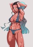  1girl arms_behind_head army bikini black_bikini black_hair blue_eyes bodypaint breasts cleavage erect_nipples fate/grand_order fate_(series) forehead genderswap genderswap_(mtf) geronimo_(fate/grand_order) highres kbtmsboy large_breasts long_hair navel smile solo swimsuit very_long_hair 