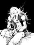  1girl artist_name black_background deltarune greyscale highres locksuke long_hair looking_at_viewer monochrome monster_girl pants sharp_teeth signature simple_background sitting studded_bracelet susie_(deltarune) teeth vest 