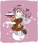  1girl animal_print boots bunny_print coat gloves hair_between_eyes hair_bobbles hair_ornament kantai_collection long_sleeves one_eye_closed otoufu pantyhose pink_background pink_eyes pink_hair plate rabbit sazanami_(kantai_collection) scarf smile snow_bunny snowing twintails winter_clothes winter_coat 