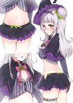  1girl absurdres blush capelet commentary_request cover crop_top flat_chest gloves hair_bun hair_ornament hat highres hololive lavender_hair looking_at_viewer midriff murasaki_shion navel open_mouth racchi. simple_background solo virtual_youtuber white_background witch_hat yellow_eyes 