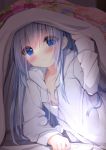 1girl bed_sheet blue_eyes blue_hair blush breasts cellphone closed_mouth collarbone commentary_request gochuumon_wa_usagi_desu_ka? head_tilt highres hood hood_down hooded_jacket indoors jacket kafuu_chino kouda_suzu long_hair long_sleeves looking_at_viewer phone pom_pom_(clothes) screen_light small_breasts smile solo under_covers very_long_hair white_jacket 