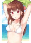  1girl armpits arms_up bangs bare_shoulders bikini blue_sky blush bow breasts brown_hair clouds cloudy_sky collarbone commentary_request day diagonal_stripes eyebrows_visible_through_hair hair_bow highres horizon long_hair ocean original parted_lips red_eyes seventeen_(st17215) sky small_breasts solo striped striped_bow swimsuit undressing upper_body water wet white_bikini 