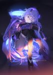  1girl arm_strap bangs black_bodysuit black_footwear black_gloves blue_eyes bodysuit boots breasts choker coat elbow_gloves eyeshadow fu_hua_(honkai_impact) gloves glowing hair_between_eyes hair_ornament head_tilt headgear holding_bow honkai_impact hooded_coat kickylian legs_crossed light_particles long_hair looking_at_viewer makeup medium_breasts open_clothes open_coat power_suit shadow_knight_(honkai_impact) sitting solo thigh-highs thigh_boots tied_hair twitter_username 