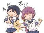  2girls 4koma ahoge akebono_(kantai_collection) bell between_fingers black_hair closed_eyes comic crossed_arms flower food grin hair_bell hair_flower hair_ornament jingle_bell kantai_collection long_hair lowres multiple_girls open_mouth otoufu pleated_skirt pocky poking purple_hair school_uniform serafuku side_ponytail skirt smile ushio_(kantai_collection) white_background 