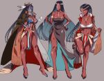  1girl barefoot black_hair blue_eyes bodypaint braid breasts character_sheet cleavage cloak collarbone dark_skin fate/grand_order fate_(series) genderswap genderswap_(mtf) geronimo_(fate/grand_order) grey_background hand_on_hip horns jewelry kbtmsboy large_breasts long_hair looking_at_viewer native_american navel necklace one_eye_closed pipe sarashi simple_background sleeveless smile solo very_long_hair 
