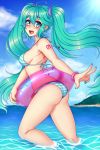  1girl ahoge ass beach bikini blue_eyes blue_hair blue_nails blush breasts commentary english_commentary eyebrows_visible_through_hair hatsune_miku innertube looking_at_viewer medium_breasts nail_polish open_mouth sideboob solo spewing_mews striped striped_bikini sunlight swimsuit tattoo twintails vocaloid wading 