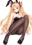  1girl absurdres animal_ears black_footwear black_hairband black_legwear black_leotard bow breasts bunnysuit choker cleavage coffeedog collarbone earrings ereshkigal_(fate/grand_order) eyebrows_visible_through_hair fate/grand_order fate_(series) floating_hair full_body hair_bow hairband head_tilt highres jewelry leotard long_hair looking_at_viewer medium_breasts pantyhose pumps rabbit_ears red_bow red_eyes shiny shiny_hair simple_background sitting solo striped_leotard twintails very_long_hair white_background wrist_cuffs 
