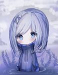  1girl blue_eyes blue_jacket blue_sky blush chibi closed_mouth clouds cloudy_sky commentary_request cottontailtokki drawstring hair_ornament hairclip head_tilt jacket long_hair long_sleeves looking_at_viewer original outdoors partially_submerged purple_hair ripples sky solo water x_hair_ornament 