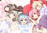  5girls ahoge animal_hood bare_arms bare_shoulders bell bird_wings blonde_hair blue_bow blue_eyes blue_hair bow cat_hood cirno closed_mouth commentary_request daiyousei feathered_wings frills green_eyes green_hair hair_between_eyes hair_bow half-closed_eyes hand_holding heart heart_pillow hood hug interlocked_fingers jingle_bell kuromame_(8gou) long_hair looking_at_viewer lying multiple_girls mystia_lorelei on_back open_mouth pajamas pillow pink_eyes pink_hair polka_dot red_bow red_eyes rumia shirt smile striped t-shirt team_9 touhou upper_body upper_teeth violet_eyes wings wriggle_nightbug yellow_bow 