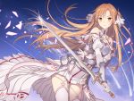  1girl asuna_(sao) bare_shoulders brown_hair chest_armor commentary_request detached_sleeves dress eyebrows_visible_through_hair gloves hair_ornament light_smile long_hair looking_at_viewer rie_(reverie) solo sword sword_art_online thigh-highs two_side_up vambraces very_long_hair weapon white_gloves yellow_eyes 