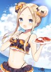  1girl :d abigail_williams_(fate/grand_order) absurdres bangs bikini black_bow blonde_hair blue_eyes blue_sky blush bow collarbone day double_bun fate/grand_order fate_(series) flat_chest fork hair_bow highres holding holding_fork holding_plate long_hair looking_at_viewer navel octopus open_mouth orange_bow outdoors parted_bangs plate shiino_sera sky smile solo sunlight swimsuit twintails wrist_cuffs 