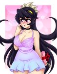  1girl bare_shoulders black_hair blush box breasts choker cleavage collarbone commentary commission cowboy_shot dress embarrassed english_commentary filia_(skullgirls) finger_to_cheek gift gift_box gradient_clothes gradient_dress large_breasts long_hair open_mouth pink_background plump red_eyes ribbon samson_(skullgirls) sharp_teeth skullgirls solo spewing_mews teeth thick_thighs thighs very_long_hair yellow_eyes 