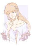  1girl absurdres blue_background blue_eyes blue_ribbon brown_hair collarbone flower hair_ribbon hands_together head_wreath highres long_hair looking_at_viewer nintendo pointy_ears princess_zelda ribbon sidelocks solo tattoo the_legend_of_zelda the_legend_of_zelda:_skyward_sword triforce tsukiyumi upper_body white_background wide_sleeves 