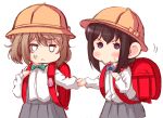  2girls :&lt; anger_vein backpack bag black_eyes black_hair blue_eyes braid commentary_request cowboy_shot grey_skirt hair_bun hair_over_shoulder hat kanon_(kurogane_knights) kantai_collection light_brown_hair michishio_(kantai_collection) multiple_girls pleated_skirt randoseru shigure_(kantai_collection) short_twintails simple_background single_braid skirt twintails white_background yellow_hat younger 