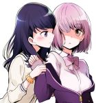  2girls bangs black_hair blush bow bowtie collared_shirt grey_eyes hair_over_one_eye long_sleeves looking_at_another multiple_girls niina_ryou open_mouth orange_scrunchie pink_eyes pink_hair pink_neckwear scrunchie shinjou_akane shirt sleeves_past_wrists ssss.gridman takarada_rikka upper_body white_background wrist_scrunchie yuri 