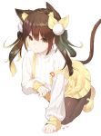  1girl animal_ear_fluff animal_ears arm_support artist_name bangs bell bent_over black_legwear bow brown_eyes brown_hair cat_ears cat_girl cat_tail closed_mouth expressionless eyebrows_visible_through_hair hair_between_eyes hair_bow hair_ornament highres jingle_bell long_hair long_sleeves looking_at_viewer mary_janes miniskirt original pantyhose pleated_skirt ribbed_sweater se.a shoes sidelocks signature simple_background skirt sleeves_past_wrists solo suspender_skirt suspenders sweater tail twintails whiskers white_background white_sweater yellow_bow yellow_footwear yellow_skirt 