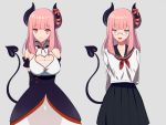  breasts cleavage cleavage_cutout demon_girl demon_horns demon_tail eve.ch eve_valerne glasses horn_ribbon horns pink_eyes pink_hair ribbon school_uniform shimobebe simple_background succubus tag tail 