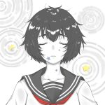  1girl closed_eyes collarbone greyscale marsirome monochrome open_mouth patterned_background sailor_collar school_uniform serafuku shiina_mayuri short_hair solo spot_color star steins;gate upper_body wet 