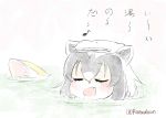  2girls :d animal_ears closed_eyes commentary_request common_raccoon_(kemono_friends) fang fennec_(kemono_friends) fox_ears grey_hair kemono_friends multiple_girls open_mouth panzuban partially_submerged raccoon_ears smile solo_focus towel towel_on_head twitter_username water 