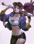  1girl akali asymmetrical_clothes baseball_cap belt bracelet breasts choker cleavage commentary english_commentary fingerless_gloves gloves hat highres holding holding_microphone holding_weapon idol jacket jewelry k/da_akali league_of_legends microphone midriff nail_polish navel necklace parted_lips pink_nails ponytail purple_hair raydenchen solo standing stomach violet_eyes weapon 