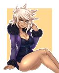  1girl ahoge arm_support black_shirt blazblue breasts bullet_(blazblue) cleavage collarbone commentary cosplay cropped_legs crossover dark_skin english_commentary facial_scar fate/grand_order fate_(series) fur-trimmed_jacket fur-trimmed_sleeves fur_trim jacket jeanne_d&#039;arc_(alter)_(fate) jeanne_d&#039;arc_(alter)_(fate)_(cosplay) jeanne_d&#039;arc_(fate)_(all) large_breasts long_sleeves nose_scar purple_jacket scar shirt sitting smile solo spewing_mews teeth thighs wavy_hair white_hair yellow_background yellow_eyes 