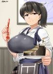  1girl apron black_hair blue_hakama breasts brown_eyes cake commentary_request cowboy_shot food fork hakama highres japanese_clothes kaga_(kantai_collection) kantai_collection large_breasts looking_at_viewer medium_hair muneate saizu_nitou_gunsou side_ponytail smile solo tasuki twitter_username 