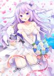  1girl :d arm_strap ass_visible_through_thighs azur_lane basket black_ribbon blue_flower blue_rose blush bouquet breasts bridal_veil cleavage collarbone contrapposto corset diadem elbow_gloves eyebrows_visible_through_hair floating_hair flower garter_straps gloves heart heart_necklace highres holding holding_basket holding_bouquet long_hair looking_at_viewer masayo_(gin_no_ame) medium_breasts open_mouth petals pink_flower purple_hair ribbon ribbon-trimmed_thighhighs rose side_ponytail skirt smile solo standing thigh-highs unicorn unicorn_(azur_lane) veil very_long_hair violet_eyes white_flower white_gloves white_legwear white_rose white_skirt 