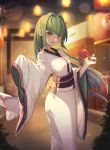  1girl bangs blurry blurry_background blush bow brown_eyes candy_apple depth_of_field eyebrows_visible_through_hair food fox_mask green_hair hair_intakes head_tilt highres holding holding_food holding_mask japanese_clothes kimono lantern long_hair long_sleeves looking_at_viewer mask mask_removed obi original paper_lantern parted_lips sash sleeves_past_fingers sleeves_past_wrists solo stall standing sugar_(dndi888) summer_festival torii very_long_hair white_kimono wide_sleeves yellow_bow yukata 