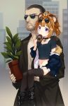  1boy 1girl animal_ears bear_ears brown_hair choker commentary commentary_request doughnut eating eyewear_on_head facial_hair food fur_trim girls_frontline glasses grizzly_mkv_(girls_frontline) jacket leon_(leon_the_professional) leon_the_professional plant potted_plant short_hair stubble thigh-highs trench_coat tsuki_tokage violet_eyes younger 