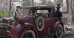  1boy 1girl androgynous cabbie_hat ground_vehicle hat highres motor_vehicle original paindude robot scenery short_hair shorts sitting sitting_on_object steampunk top_hat 