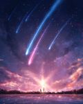  1boy 1girl clouds cloudy_sky czy_(2894456992) grass highres light_particles meteor_shower original outdoors plant reflection scenery shooting_star silhouette sky star_(sky) starry_sky sun sunset water 