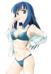  1girl bangs blue_bra blue_eyes blue_hair blue_panties bra breasts cleavage commentary_request cowboy_shot dress_shirt eyebrows_visible_through_hair hand_on_hip hand_to_own_mouth highres lace lace-trimmed_bra long_hair looking_at_viewer magia_record:_mahou_shoujo_madoka_magica_gaiden mahou_shoujo_madoka_magica marutaya medium_breasts nanami_yachiyo navel no_pants off_shoulder open_clothes open_shirt panties parted_lips partial_commentary ribs shirt skindentation sleeves_rolled_up solo standing string_panties thighs underwear white_shirt 