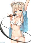  1girl :d arm_up bangs bare_shoulders bikini blue_eyes blue_hairband blue_jacket blurry blurry_foreground blush breasts cleavage collarbone commentary depth_of_field eyebrows_visible_through_hair girls_frontline hair_between_eyes hair_bun hairband highres holding holding_microphone jacket lee_seok_ho light_brown_hair medium_breasts microphone open_clothes open_jacket open_mouth outstretched_arm round_teeth sidelocks smile solo suomi_kp31_(girls_frontline) swimsuit teeth upper_teeth white_background white_bikini 